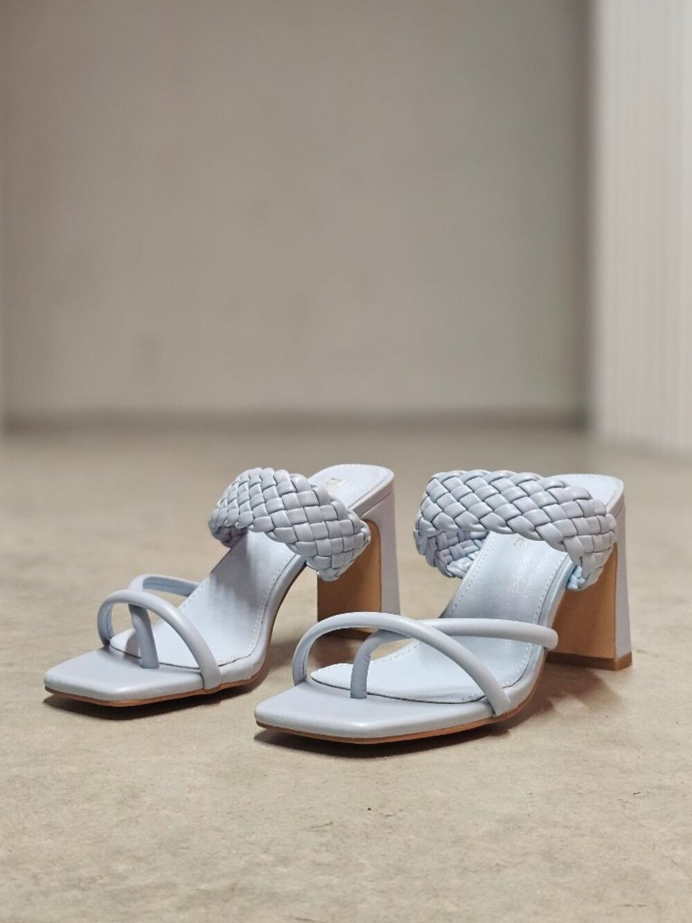 Braided Strap Block Heel Sandals In Light Blue With Square Toe Design